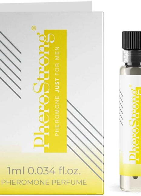 Ein schlanker transparenter glasflakon mit schwarzem rippverschluss und gelbem etiket pherostrong pheromon parfum für männer 1 ml