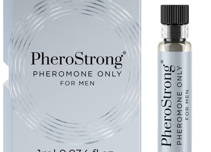 Silberne glasflasche mit schwarzem rippdeckel und metallischem etikett mit klarem inhalt pherostrong pheromon nur für männer 1 ml