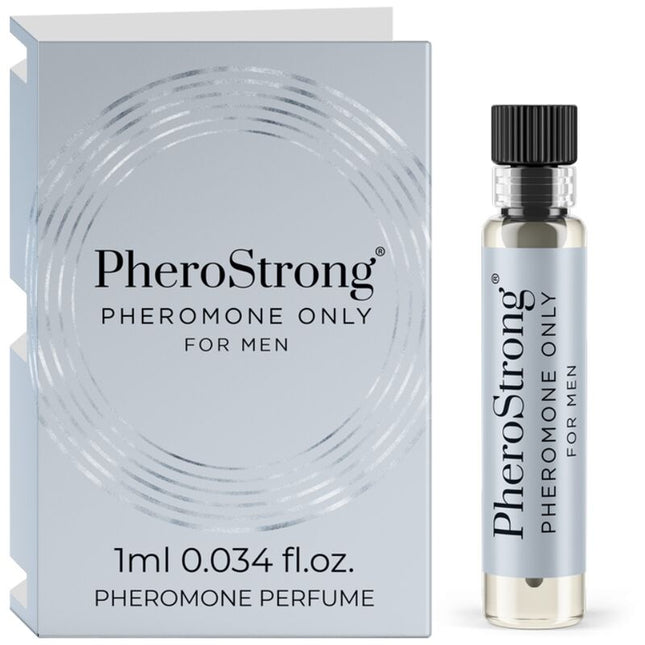 Silberne glasflasche mit schwarzem rippdeckel und metallischem etikett mit klarem inhalt pherostrong pheromon nur für männer 1 ml
