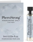 Silberne glasflasche mit schwarzem rippdeckel und metallischem etikett mit klarem inhalt pherostrong pheromon nur für männer 1 ml