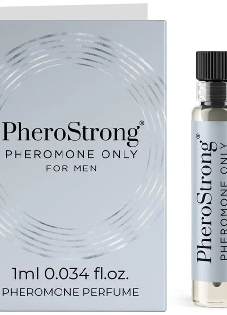 Silberne glasflasche mit schwarzem rippdeckel und metallischem etikett mit klarem inhalt pherostrong pheromon nur für männer 1 ml