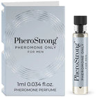 Silberne glasflasche mit schwarzem rippdeckel und metallischem etikett mit klarem inhalt pherostrong pheromon nur für männer 1 ml