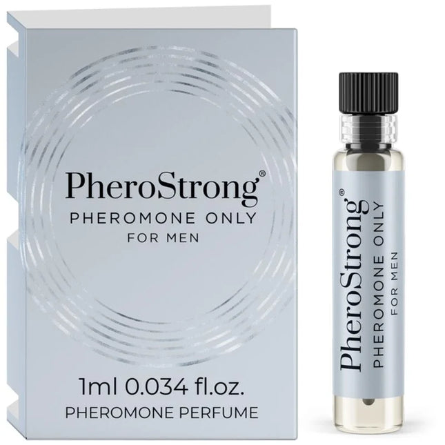 Silberne glasflasche mit schwarzem rippdeckel und metallischem etikett mit klarem inhalt pherostrong pheromon nur für männer 1 ml