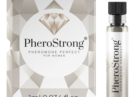 Pherostrong pheromone parfüm perfekt für frauen 1 ml in klarer glasflasche mit schwarzem verschluss und silberweißem packaging