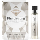 Pherostrong pheromone parfüm perfekt für frauen 1 ml in klarer glasflasche mit schwarzem verschluss und silberweißem packaging