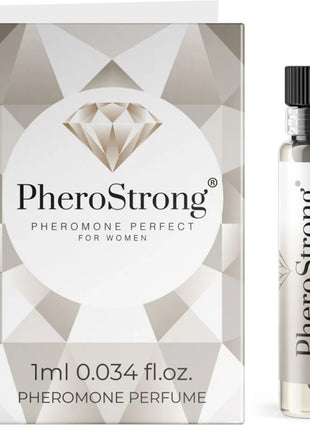 Pherostrong pheromone parfüm perfekt für frauen 1 ml in klarer glasflasche mit schwarzem verschluss und silberweißem packaging