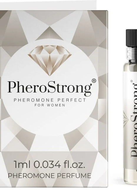 Pherostrong pheromone parfüm perfekt für frauen 1 ml in klarer glasflasche mit schwarzem verschluss und silberweißem packaging