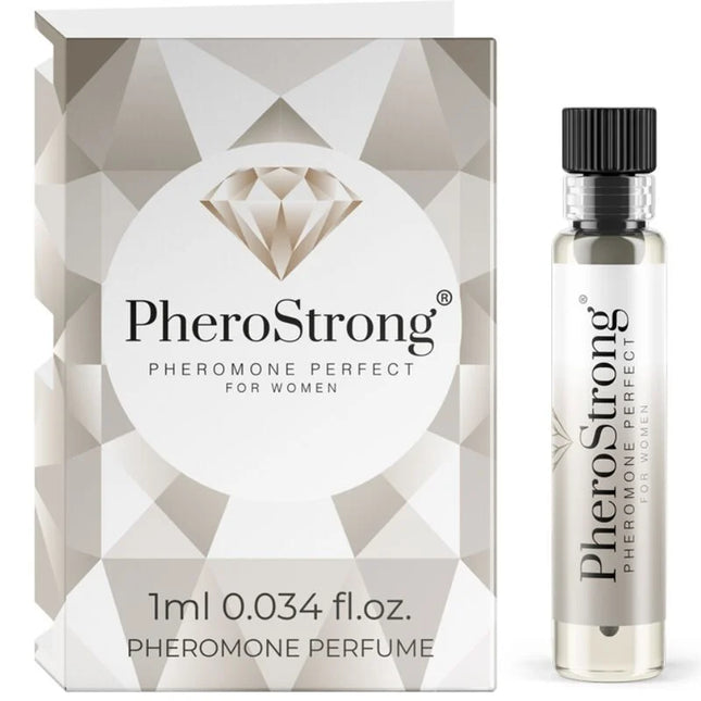 Pherostrong pheromone parfüm perfekt für frauen 1 ml in klarer glasflasche mit schwarzem verschluss und silberweißem packaging