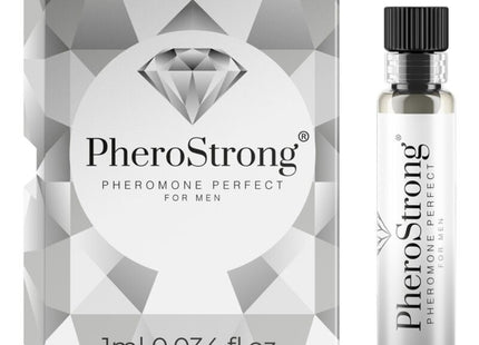 Silbertönige glasflasche mit schwarzem geripptem verschluss und pherostrong etikett mit klarem flüssigem pheromonparfüm für männer 1 ml
