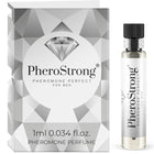 Silbertönige glasflasche mit schwarzem geripptem verschluss und pherostrong etikett mit klarem flüssigem pheromonparfüm für männer 1 ml