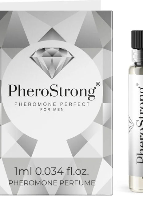 Silbertönige glasflasche mit schwarzem geripptem verschluss und pherostrong etikett mit klarem flüssigem pheromonparfüm für männer 1 ml