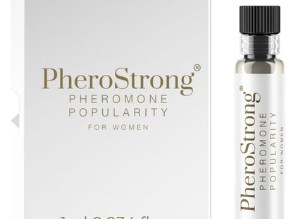 Pherostrong pheromon parfüm in einer klaren glasflasche mit schwarzem deckel und silbernem etikett neben minimalistischer weißer box