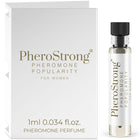 Pherostrong pheromon parfüm in einer klaren glasflasche mit schwarzem deckel und silbernem etikett neben minimalistischer weißer box