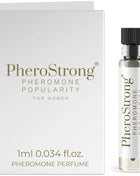 Pherostrong pheromon parfüm in einer klaren glasflasche mit schwarzem deckel und silbernem etikett neben minimalistischer weißer box