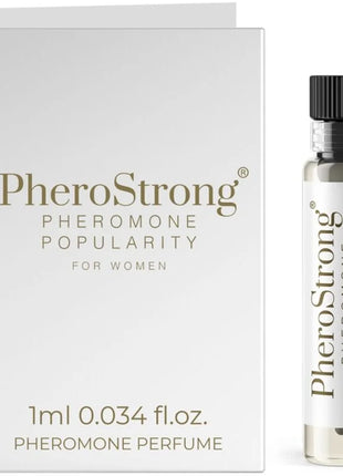 Pherostrong pheromon parfüm in einer klaren glasflasche mit schwarzem deckel und silbernem etikett neben minimalistischer weißer box