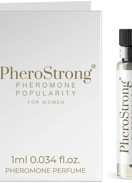 Pherostrong pheromon parfüm in einer klaren glasflasche mit schwarzem deckel und silbernem etikett neben minimalistischer weißer box