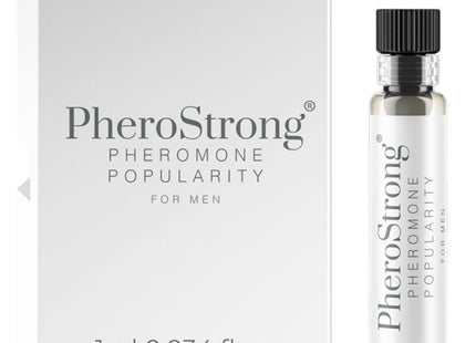 Pherostrong pheromon parfum in einer klaren glasflasche mit schwarzem deckel und silbernem etikett neben weißer minimaler verpackung