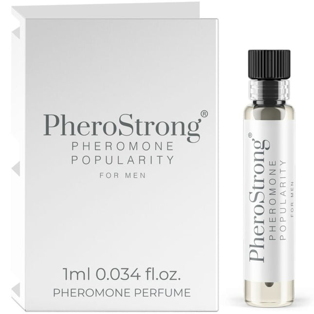 Pherostrong pheromon parfum in einer klaren glasflasche mit schwarzem deckel und silbernem etikett neben weißer minimaler verpackung