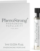 Pherostrong pheromon parfum in einer klaren glasflasche mit schwarzem deckel und silbernem etikett neben weißer minimaler verpackung