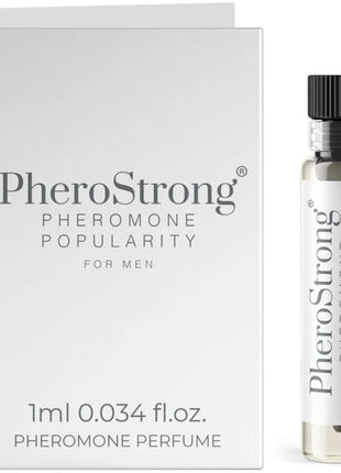Pherostrong pheromon parfum in einer klaren glasflasche mit schwarzem deckel und silbernem etikett neben weißer minimaler verpackung