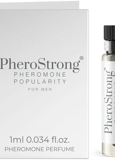 Pherostrong pheromon parfum in einer klaren glasflasche mit schwarzem deckel und silbernem etikett neben weißer minimaler verpackung