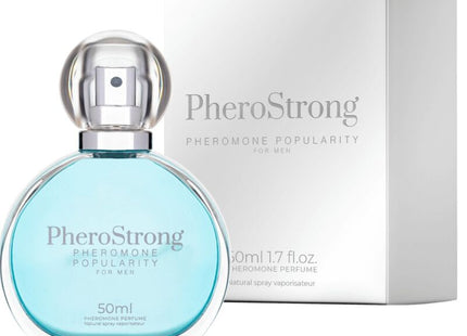 Ein eleganter transparenter glasflakon pherostrong pheromonparfüm für männer mit silbernem sprühkopf und hellblauer flüssigkeit