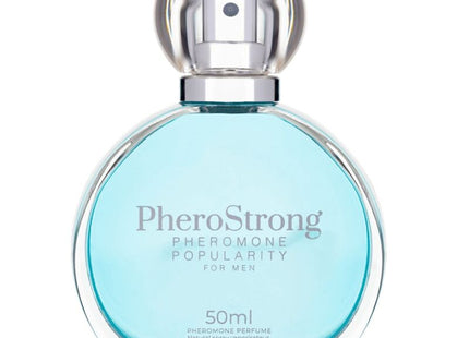 Ein eleganter transparenter glasflasche mit silberverschluss und hellblauer flüssigkeit pherostrong pheromon parfüm für männer 50 ml
