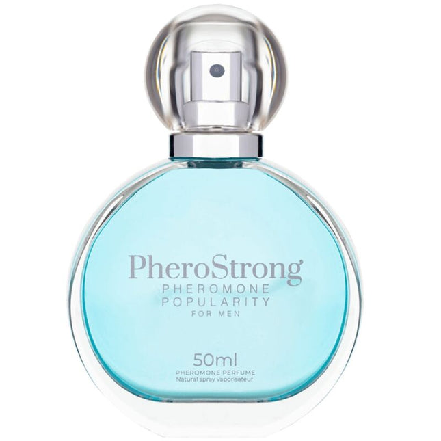 Ein eleganter transparenter glasflasche mit silberverschluss und hellblauer flüssigkeit pherostrong pheromon parfüm für männer 50 ml