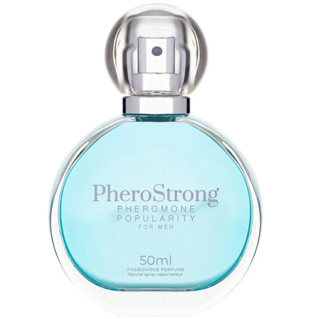 Ein eleganter transparenter glasflasche mit silberverschluss und hellblauer flüssigkeit pherostrong pheromon parfüm für männer 50 ml