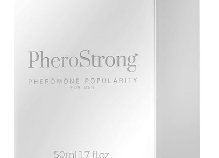 Silberne metallische box für pherostrong pheromon parfüm für männer mit minimalistischer typografie und 50ml spray