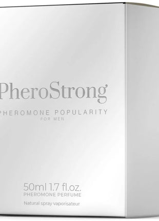 Silberne metallische box für pherostrong pheromon parfüm für männer mit minimalistischer typografie und 50ml spray
