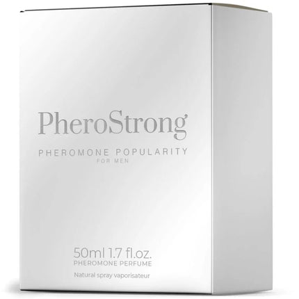 Silberne metallische box für pherostrong pheromon parfüm für männer mit minimalistischer typografie und 50ml spray
