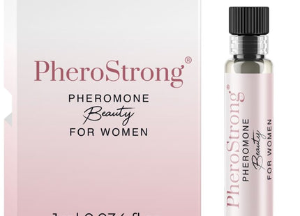 Eine elegante transparente glasflasche mit schwarzem rippverschluss und rosa etikett mit pherostrong pheromonparfüm für frauen 1 ml
