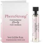 Eine elegante transparente glasflasche mit schwarzem rippverschluss und rosa etikett mit pherostrong pheromonparfüm für frauen 1 ml