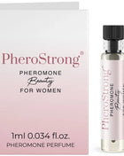 Eine elegante transparente glasflasche mit schwarzem rippverschluss und rosa etikett mit pherostrong pheromonparfüm für frauen 1 ml
