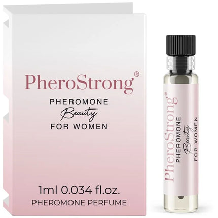 Eine elegante transparente glasflasche mit schwarzem rippverschluss und rosa etikett mit pherostrong pheromonparfüm für frauen 1 ml