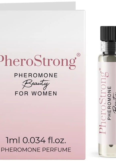 Eine elegante transparente glasflasche mit schwarzem rippverschluss und rosa etikett mit pherostrong pheromonparfüm für frauen 1 ml