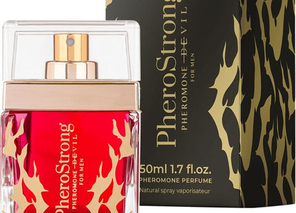 A leuchtend rotes glasparfümflakon mit goldenen flammendekoren und klarem deckel pherostrong pheromonteufel für männer