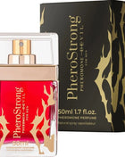 A leuchtend rotes glasparfümflakon mit goldenen flammendekoren und klarem deckel pherostrong pheromonteufel für männer