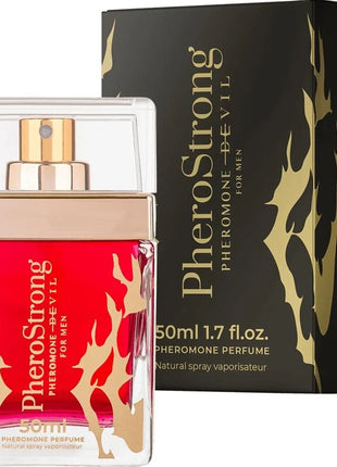 A leuchtend rotes glasparfümflakon mit goldenen flammendekoren und klarem deckel pherostrong pheromonteufel für männer