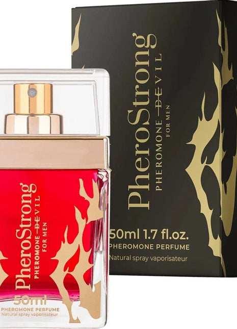 A leuchtend rotes glasparfümflakon mit goldenen flammendekoren und klarem deckel pherostrong pheromonteufel für männer