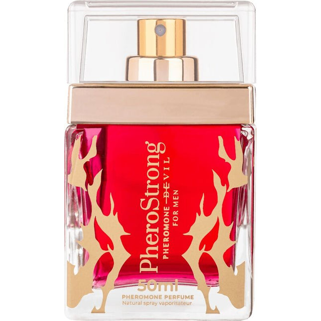 Ein leuchtend rotes glas-parfümfläschchen pherostrong pheromon-teufel für männer 50 ml mit goldenen flammendekoren und sprays