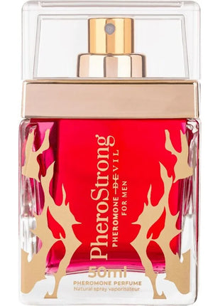 Ein leuchtend rotes glas-parfümfläschchen pherostrong pheromon-teufel für männer 50 ml mit goldenen flammendekoren und sprays
