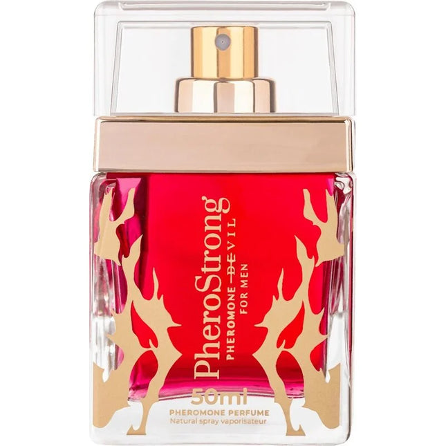 Ein leuchtend rotes glas-parfümfläschchen pherostrong pheromon-teufel für männer 50 ml mit goldenen flammendekoren und sprays