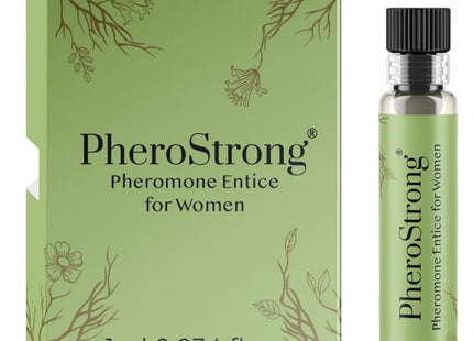 Pherostrong pheromonparfüm entice für frauen 1 ml in klarer glasflasche mit schwarzem deckel und salbeigrünem blumenkarton