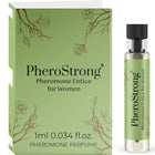 Pherostrong pheromonparfüm entice für frauen 1 ml in klarer glasflasche mit schwarzem deckel und salbeigrünem blumenkarton