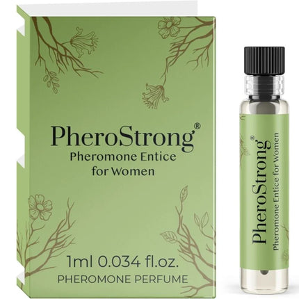 Pherostrong pheromonparfüm entice für frauen 1 ml in klarer glasflasche mit schwarzem deckel und salbeigrünem blumenkarton