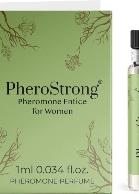 Pherostrong pheromonparfüm entice für frauen 1 ml in klarer glasflasche mit schwarzem deckel und salbeigrünem blumenkarton