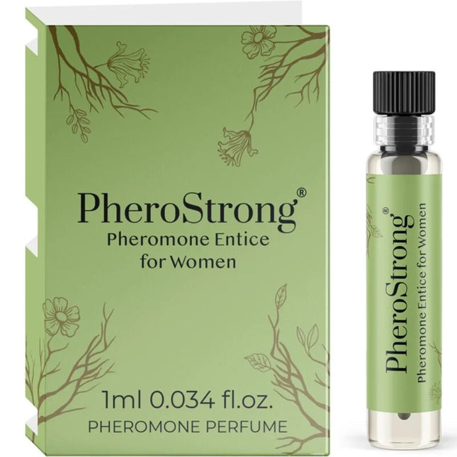 Pherostrong pheromonparfüm entice für frauen 1 ml in klarer glasflasche mit schwarzem deckel und salbeigrünem blumenkarton