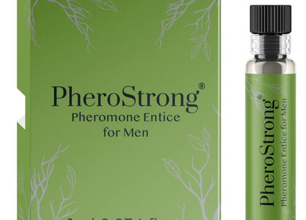 Grüne rechteckige pherostrong pheromonparfüm box mit weißem blattdesign und klarer vial für männer 1 ml